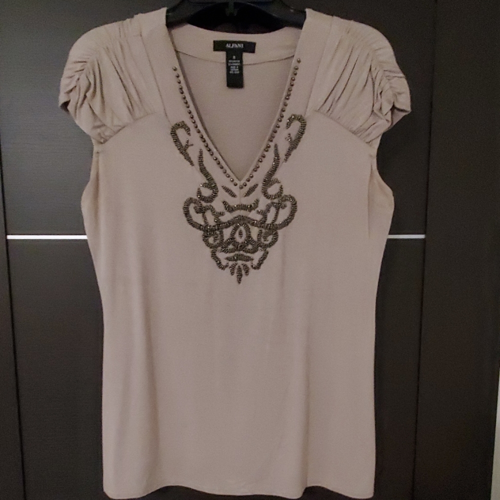 Alfani tan cap sleeved top with beautiful beading